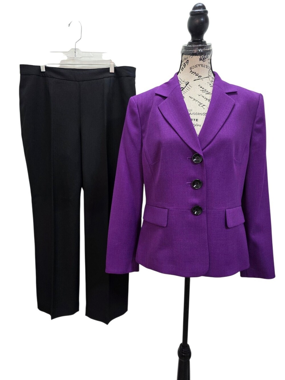 Vtg Le Suit 14P Purple Blazer & Black Pants Suit Set Corporate Sleaze Office